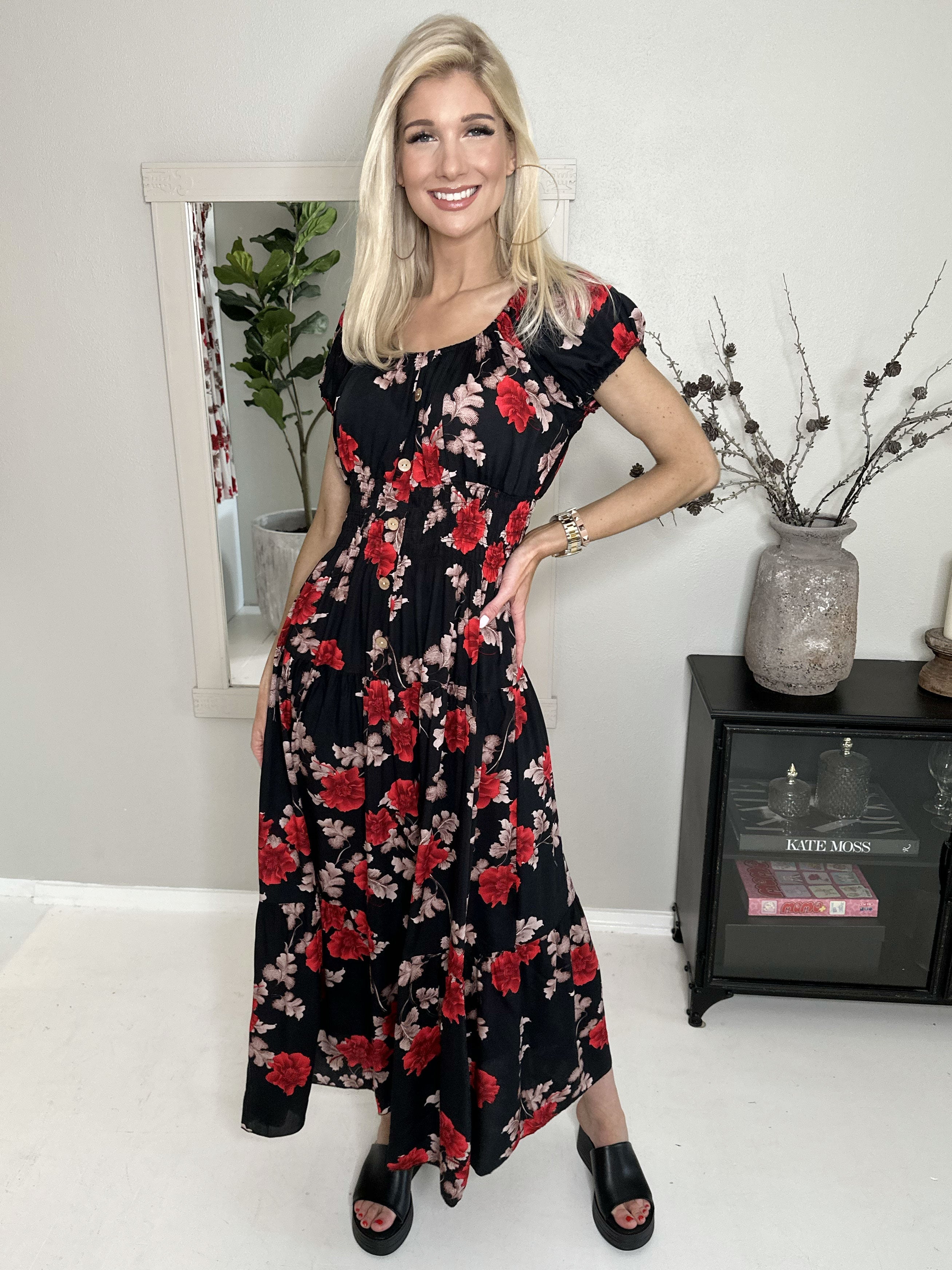 Finalia Rose - Lång klänning med elastisk midja och rosmotiv